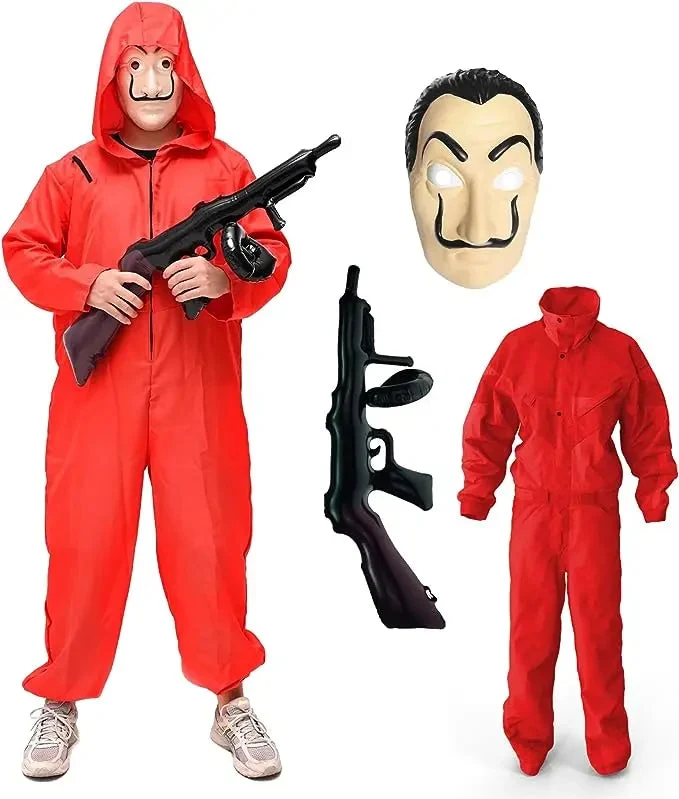Kostüm Set - Haus des Geldes für Erwachsene Unisex mit Dali Salvador Maske, aufblasbares Gewehr, roter Overallanzug für Fasching & Halloween