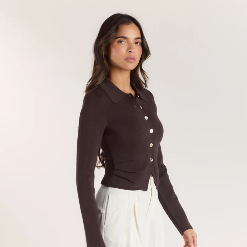 Gerippte Strickjacke - Schokolade