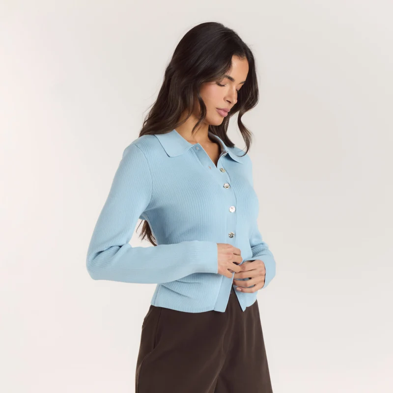 Gerippte Strickjacke - Hellblau