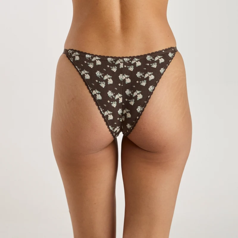 Pointelle Triangle Brazilian Slip - Braunes Blumenmuster