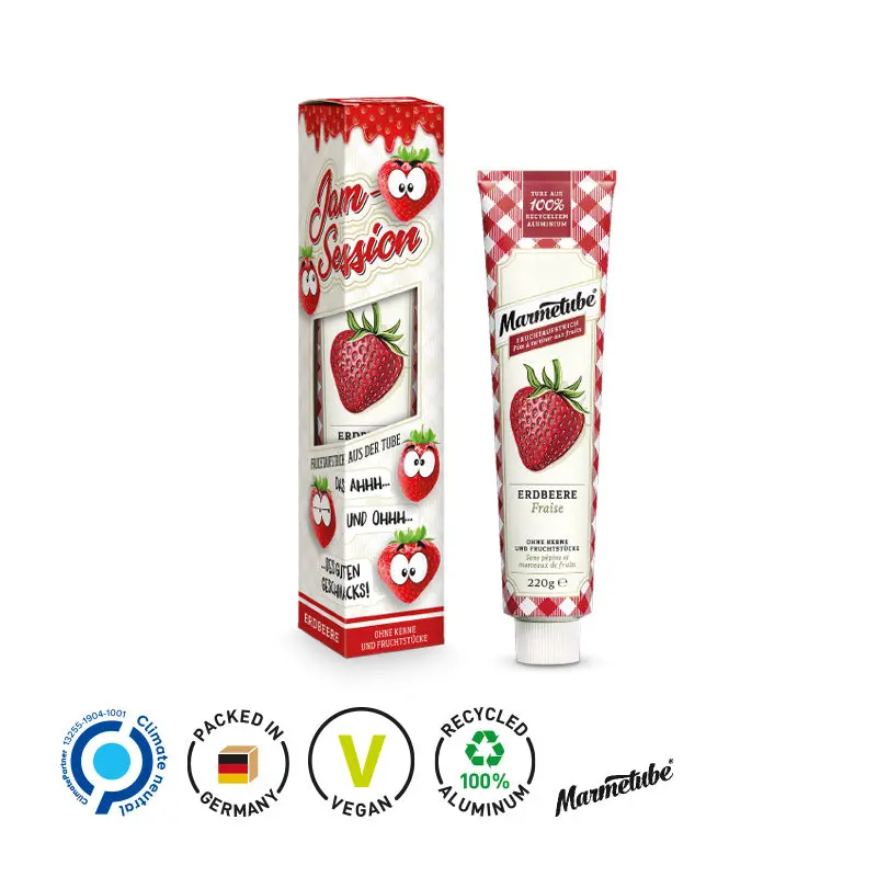 Erdbeer-Fruchtaufstrich Marmetube in personalisierter Werbeverpackung