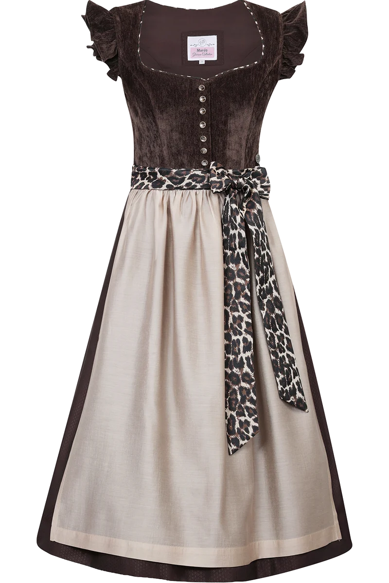 Samtdirndl 70cm mit abnehmbaren Flügelärmeln und Leoschürzenband- espresso