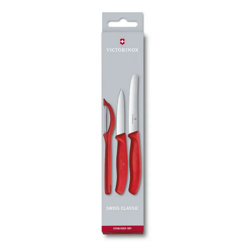 3-teiliges Gemüsemesser-Set mit Schäler in Rot - Küchenessentials