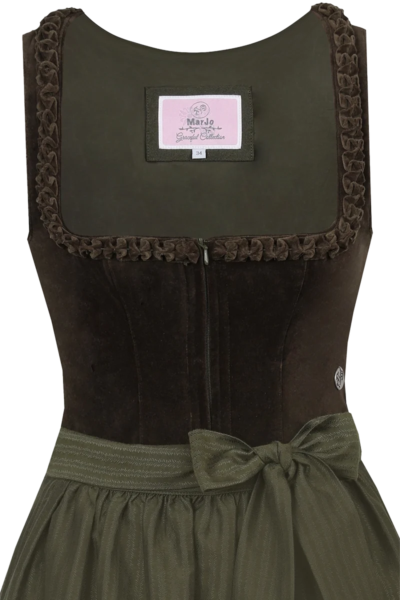 Midi-Samtdirndl mit eckigem Ausschnitt und Froschgoscherln - oliv