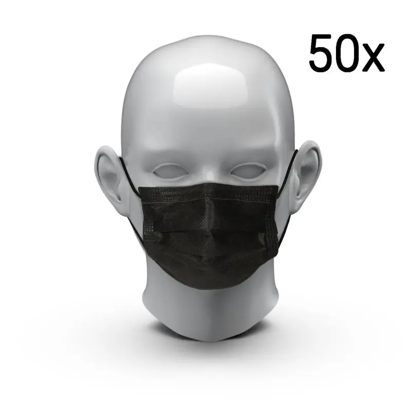 Kinder Medizin-Masken, 50er Set, Schwarz, Einweg, 3-lagig