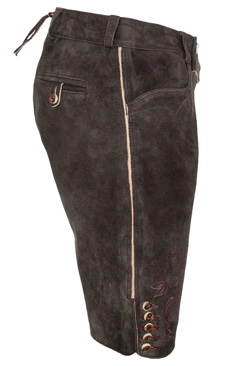 Damen Lederhose mit bordeauxfarbener Stickerei kurz
