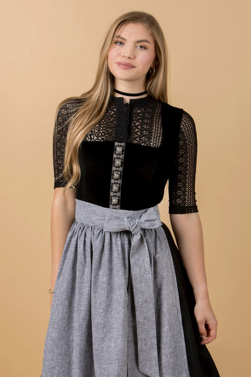 DIRNDLBLUSE HÄKELSPITZE STEHKRAGEN 3/4 ARM SCHWARZ