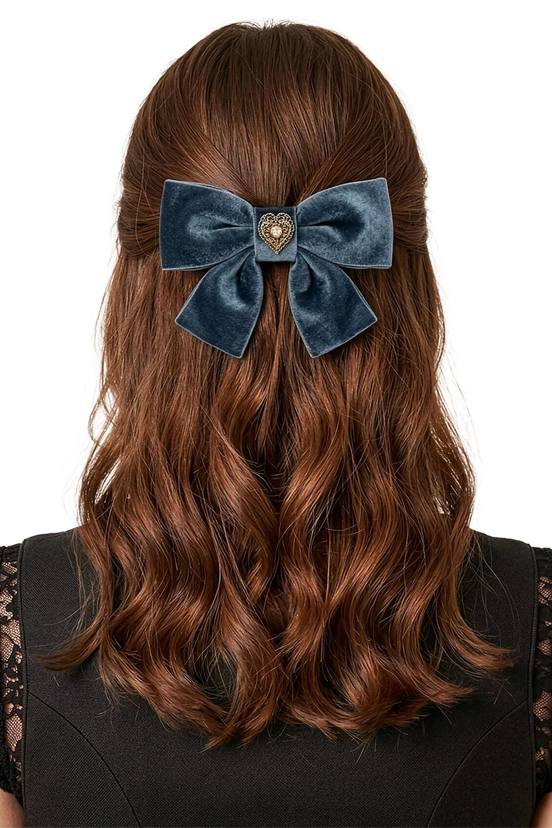 Damen Haarspange mit Samtschleife und Herz - grau blau