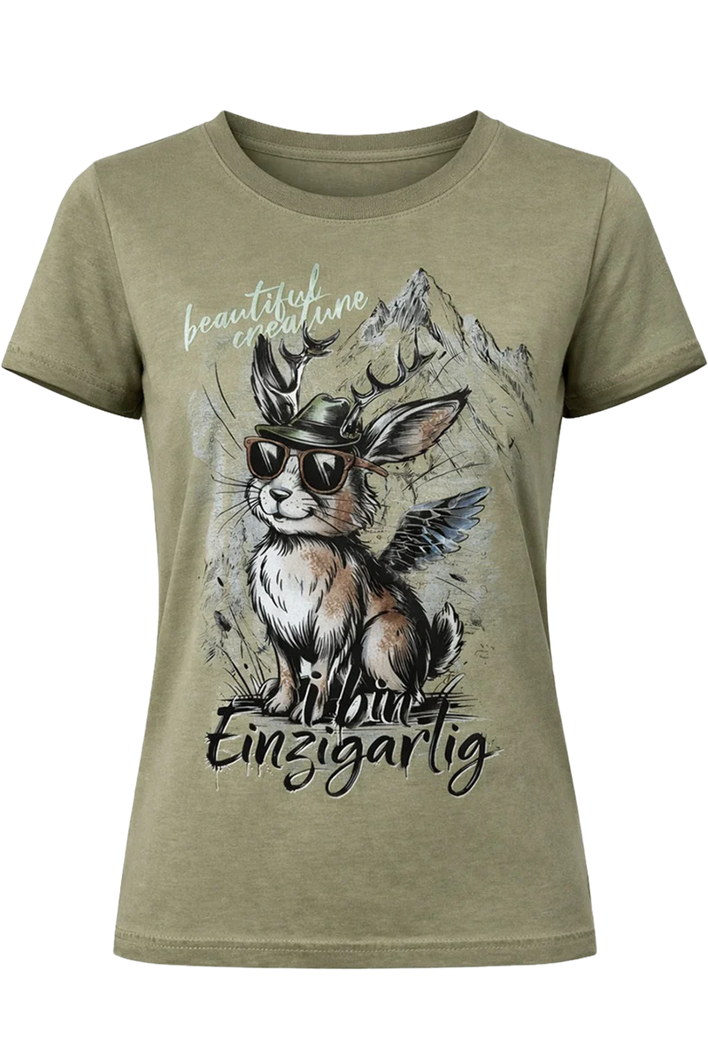 Damen Trachtenshirt 'I bin einzigartig' - oliv