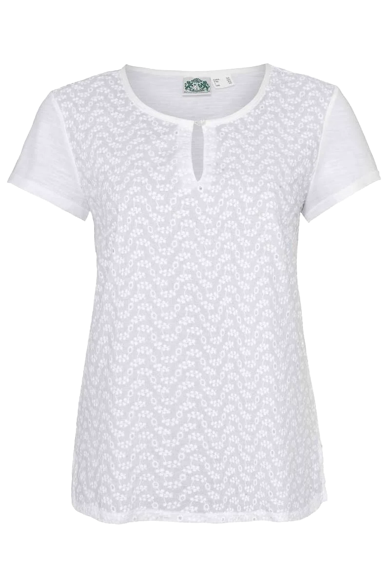 Damen T-Shirt mit floraler Lochmusterung weiß