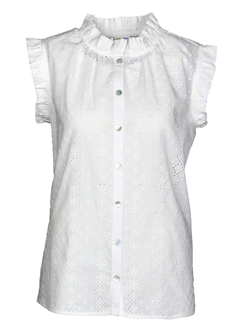 Ärmellose Bluse aus bestickter Baumwolle mit Rüsch
