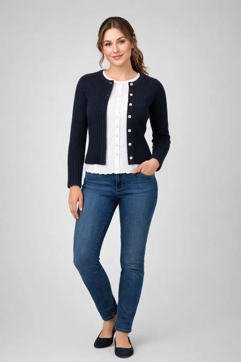 Hochgeschlossene Strickjacke mit Ajourmuster
