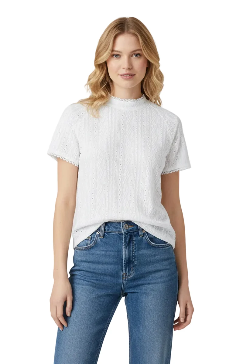Stretch-Shirt mit Stehkragen und Spitzen-Detail