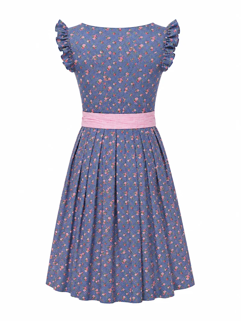 Rosendruck-Dirndl mit Streifenschürze & Flügelarm