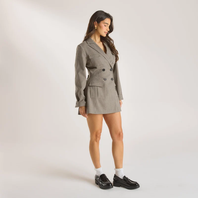 Hahnentrittmuster-Blazerkleid - Braun
