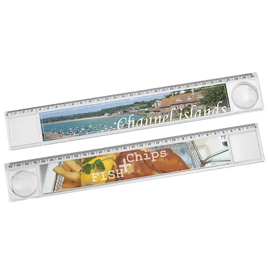 Glasklares Lineal mit Lupe und zweiseitig bedrucktem Einleger, 30 cm – Multifunktional