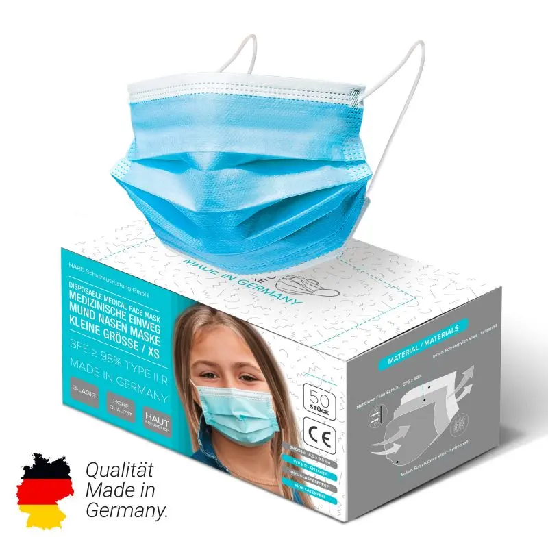 Medizinische Kinder-Masken, 50 Stück, Blau, Einweg, OP-Standard
