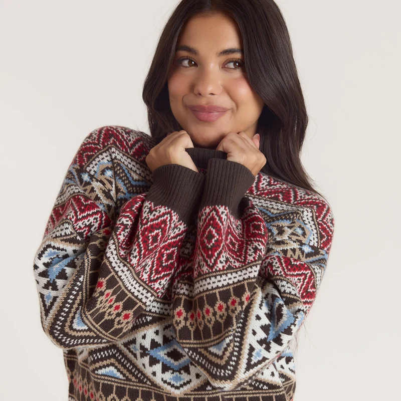 Norweger Strickpullover - Braun/Rot