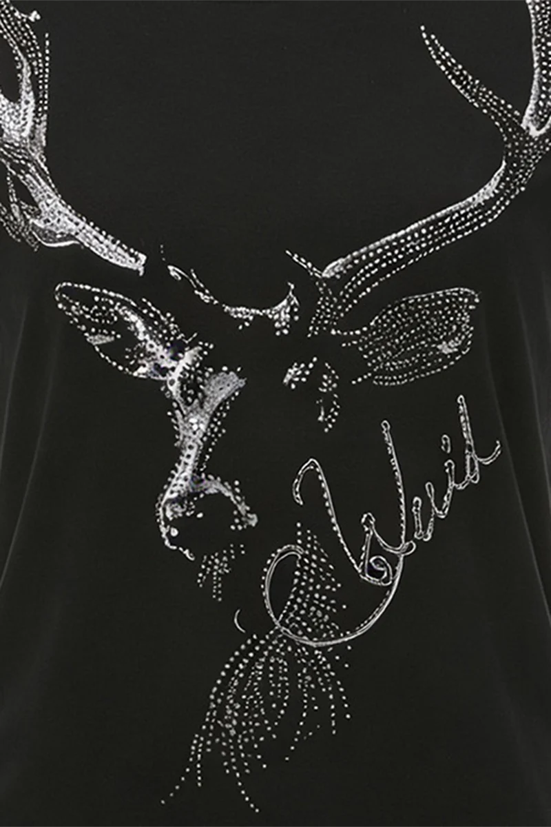 Damen Trachtenshirt mit Hirschprint und Strass - schwarz