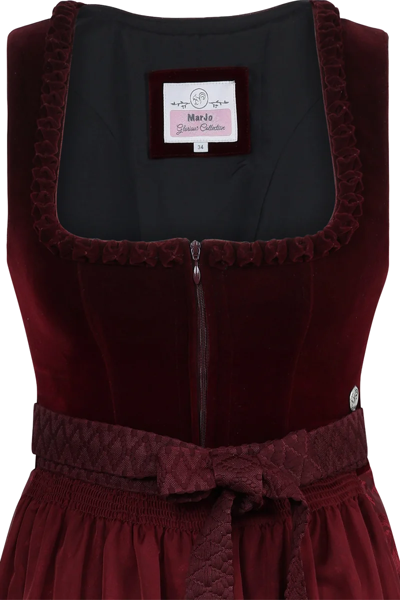 Midi-Dirndl mit Samt und Froschgoscherlrüsche Rabenstein 70cm - wine