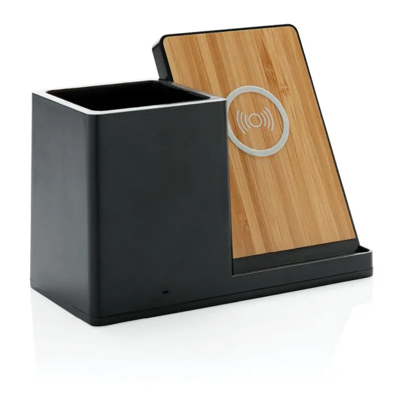 Ontario 10W Wireless Charger aus Bambus und RCS recyceltem Kunststoff - Schwarz Umweltfreundlich
