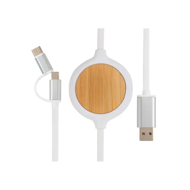 3-in-1 Kabel mit 5W Bambus-Wireless-Charger – Praktische und nachhaltige Lade-Lösung, weiß