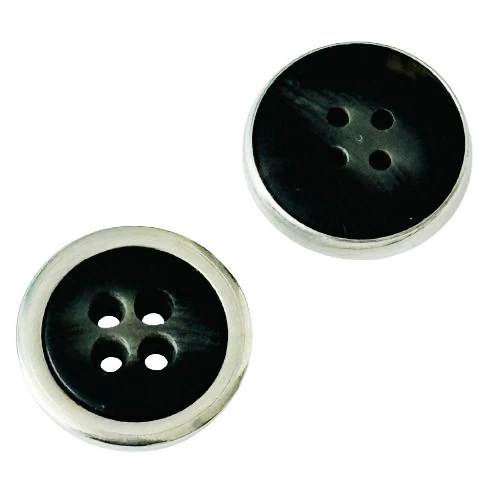 Hornimitatknopf Silberfarben-Schwarz-Grau 4-Loch-Knopf mit Metalleinfassung – Blazer- und Sakkoknopf HI-4