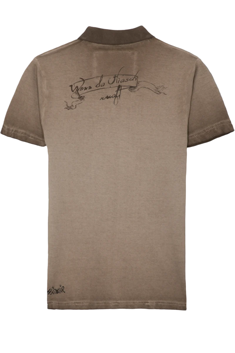 Herren T-Shirt mit Polokragen und Hirschkopfstickerei - hellbraun
