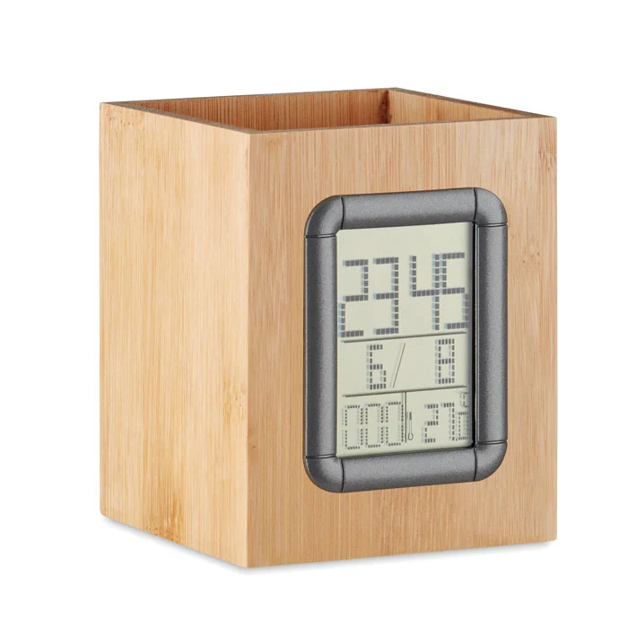 Bambus-Stiftehalter und LCD-Uhr