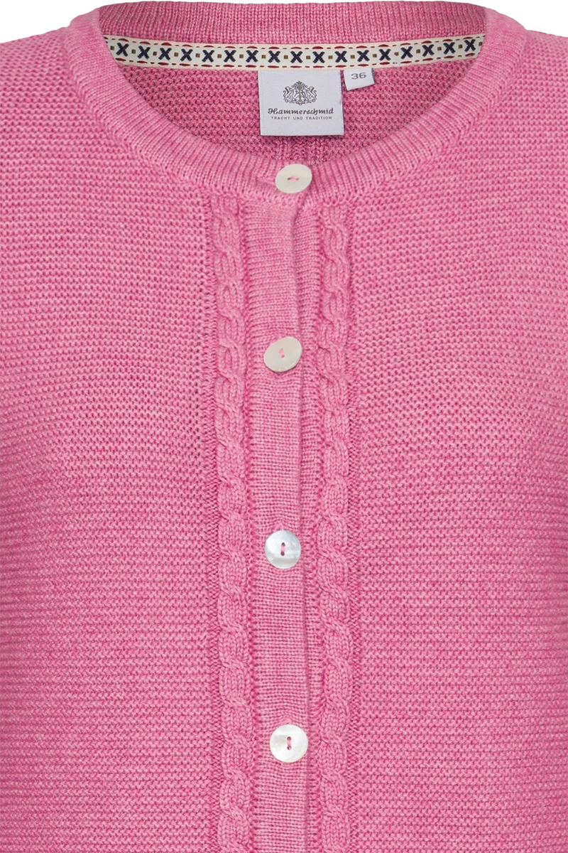 Damen Trachten-Strickjacke mit Zopfstrickmuster und Perlmuttknöpfen - altrosa