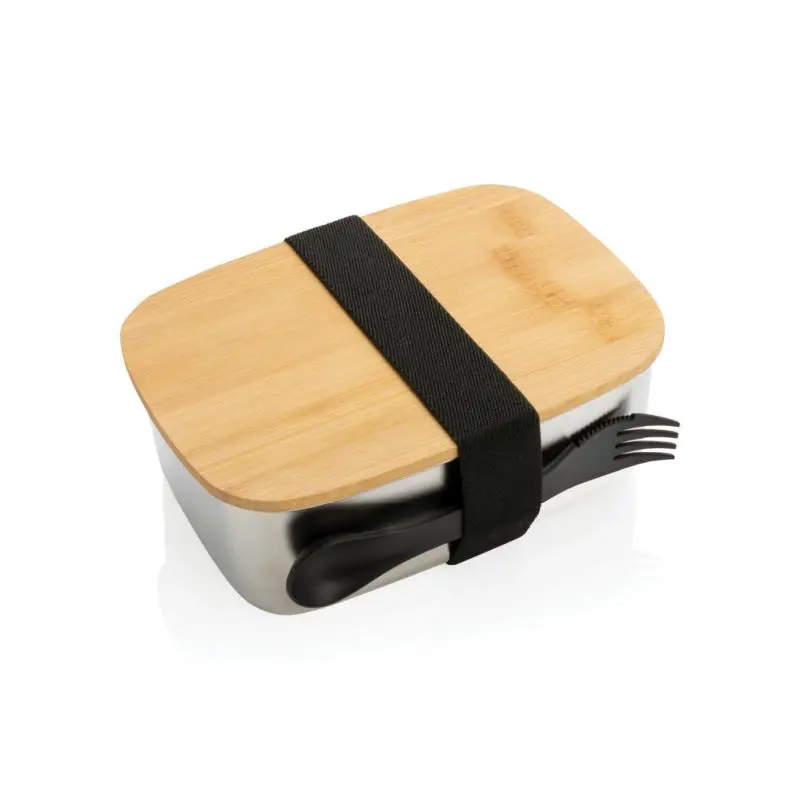 Silver Stainless Steel Lunchbox with Bamboo Lid & Spork - Durable, Eco-Friendly Meal Kit