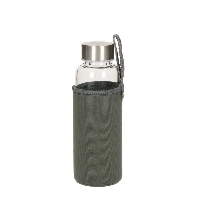 OCEAN Glasflasche mit 360 ml - Transparente Flasche mit grauer Hülle, perfekt für unterwegs