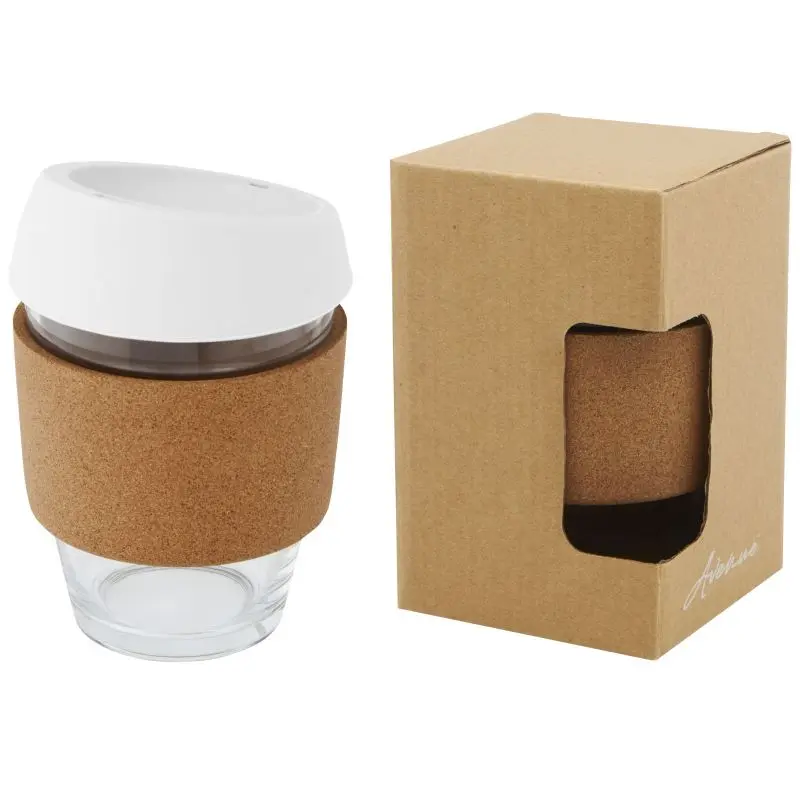 Lidan 360ml Borosilikatglas Becher mit Korkgriff und Silikondeckel in Weiß