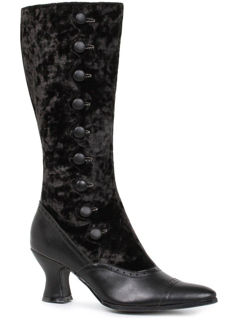 Ellie Shoes 253-GAIL Stiefeletten aus schwarzem Samt mit 2.5 cm Absatz und dekorativem Knopfdetail