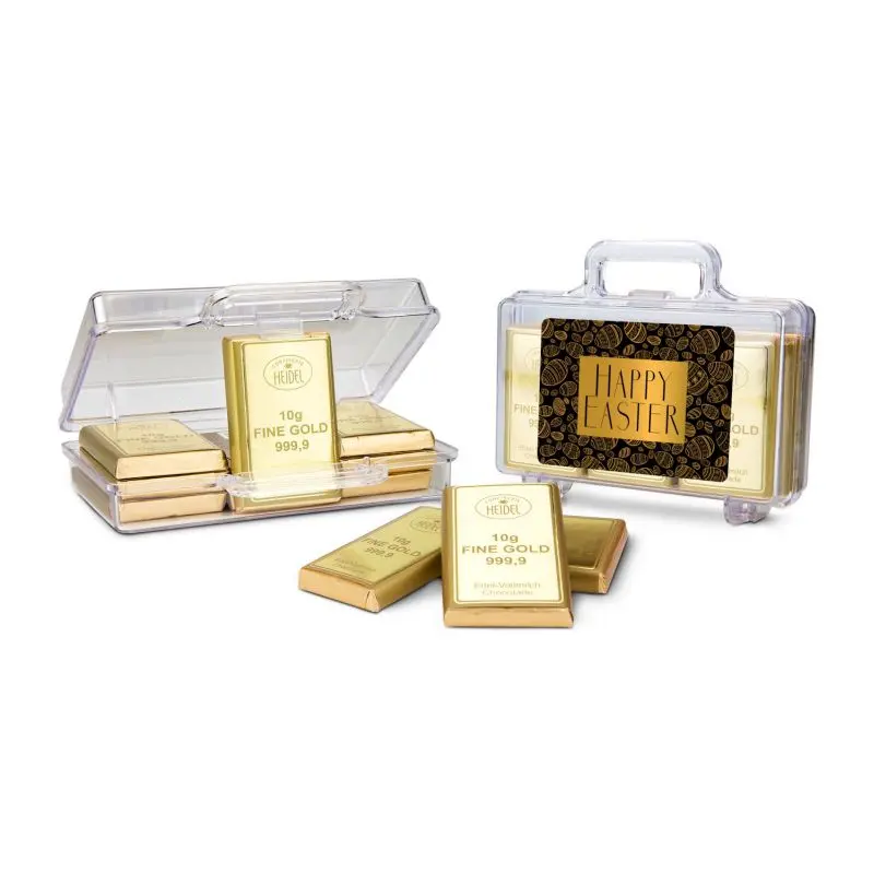 Frohe Ostern Goldkoffer mit 12 Schokoladen-Goldbarren (120 g) – Exklusives Ostergeschenk