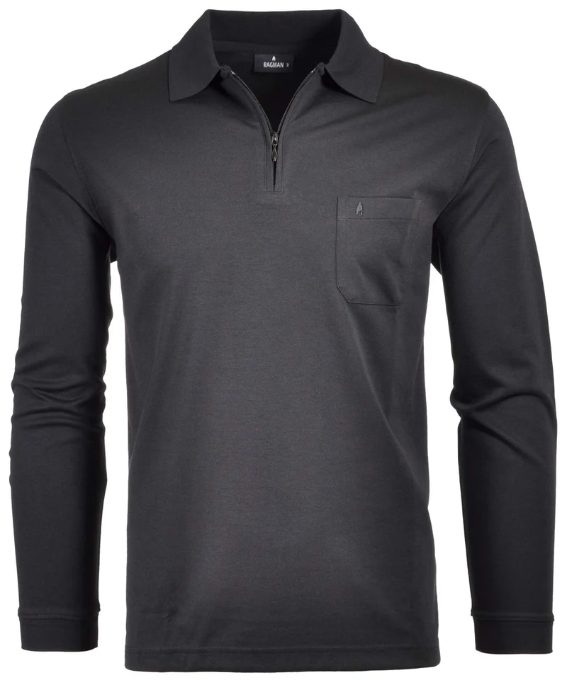 Ragman Herren Softknit-Poloshirt Langarm mit Zip