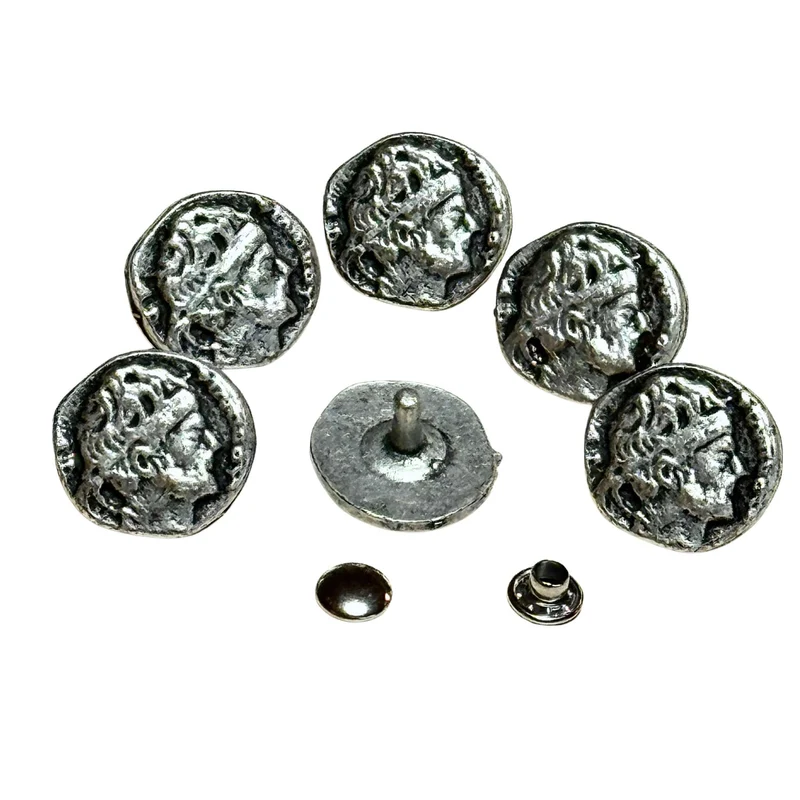 Trachtennieten mit Kopf-Bildnis – 6er-Set Altsilber (TN-6-AS)