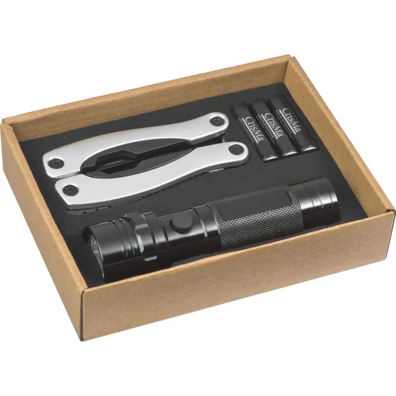 Set aus Taschenlampe & Multitool in Schwarz - Essential für Outdoor & Notfälle