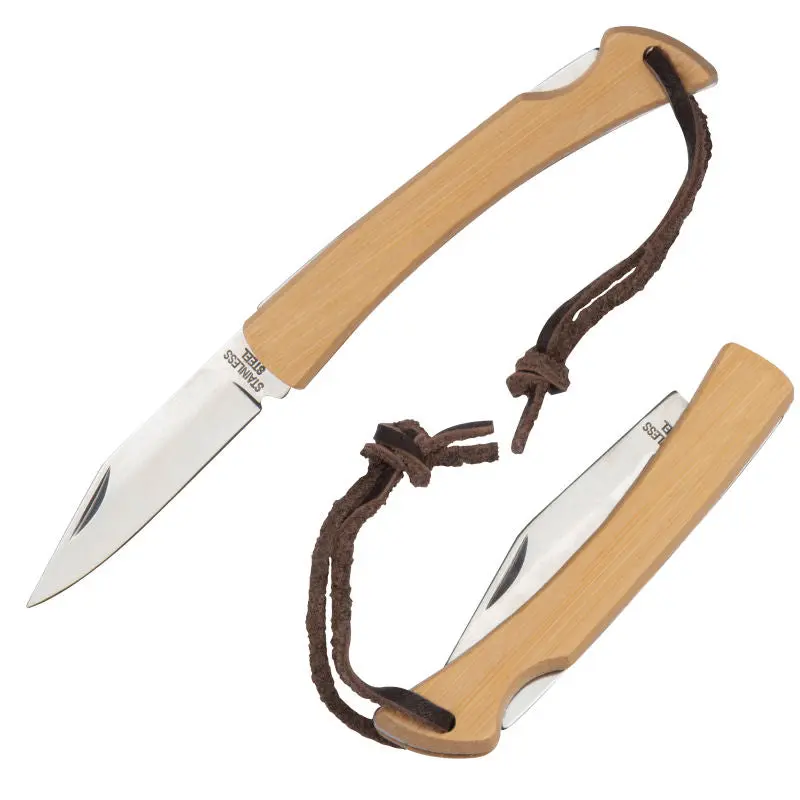 Elegantes Taschenmesser mit Bambusschalen und Aufhängeschlaufe - Beige