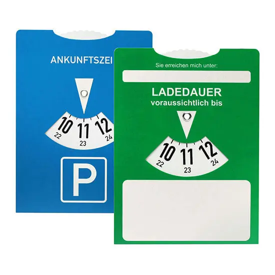 Multifunktionale Lade-/Parkscheibe für E-Autos in Grün & Blau