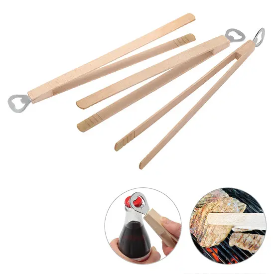 Multifunktionale Grillzange aus Holz mit integriertem Flaschenöffner, Beige