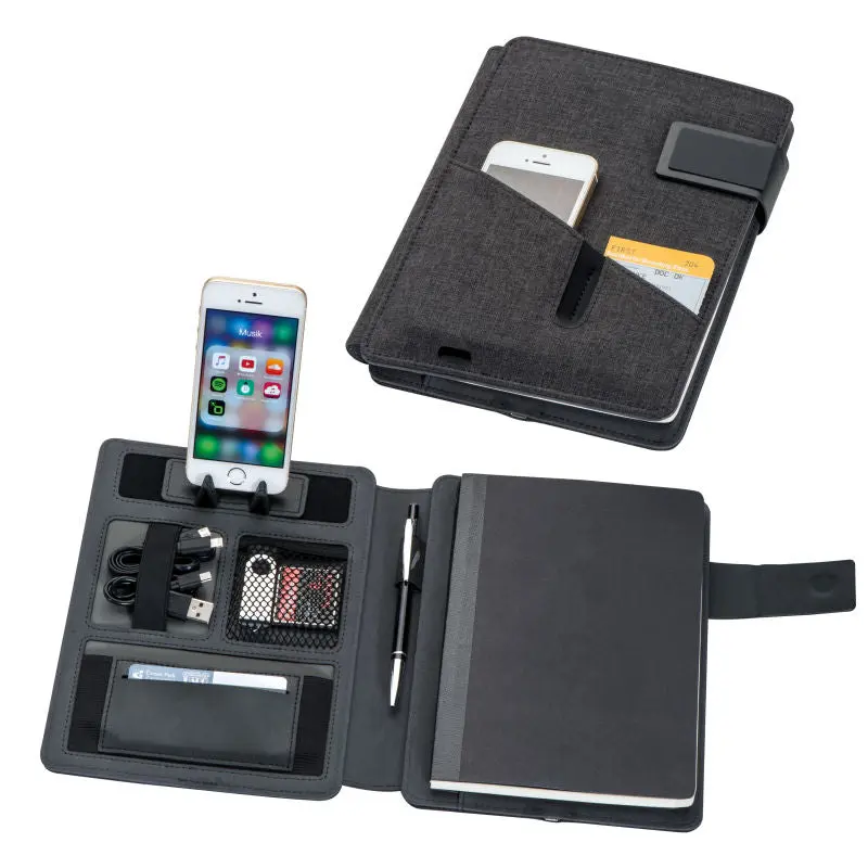 Schwarze Powerbank-Mappe Leno – Elegante Energiequelle für Unterwegs