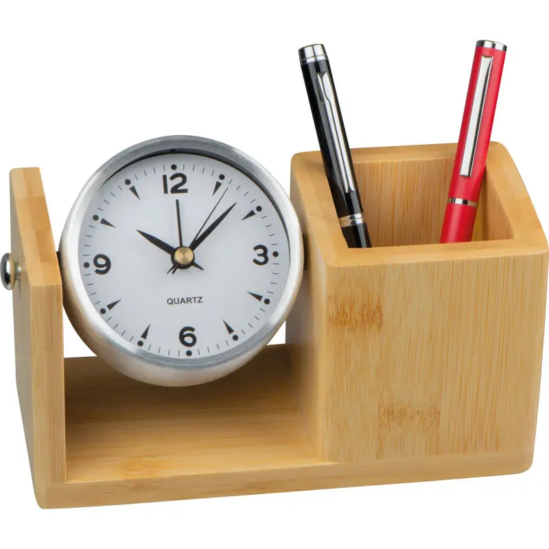 Bambus Stiftehalter mit Uhr in Beige - Eleganter Zeit- und Organizer