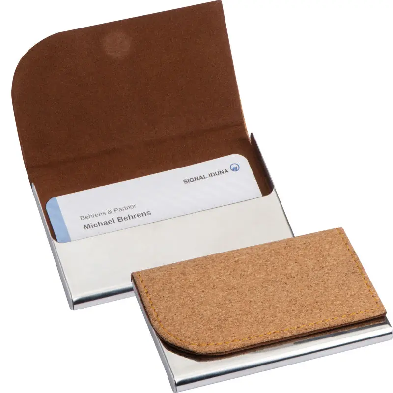 Beige Metall-Visitenkartenetui mit stilvollem Korkdeckel - Elegant & Langlebig