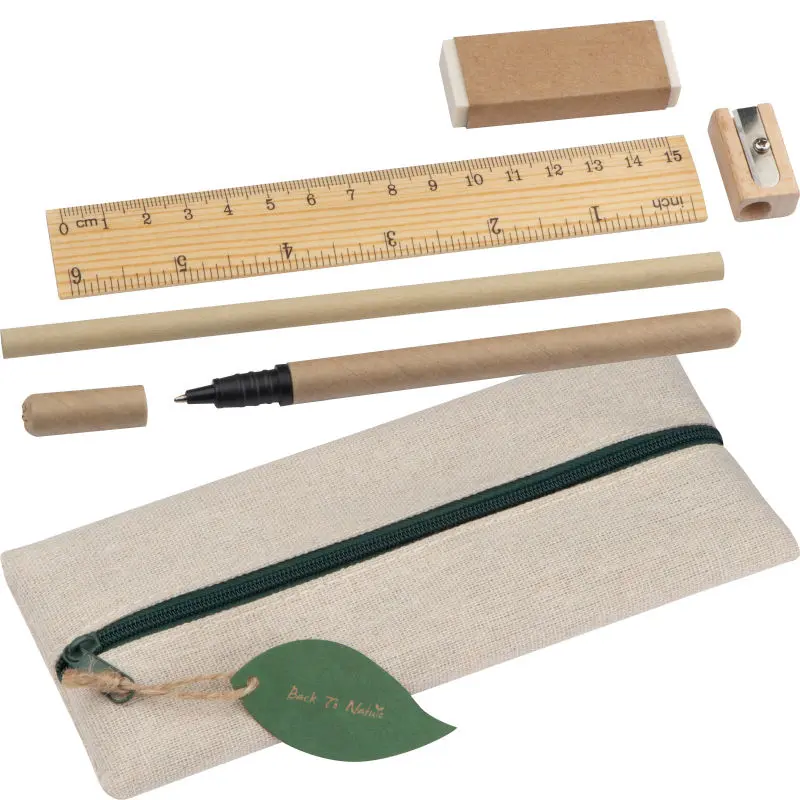 Schreibwaren-Kit Beige: Lineal, Radierer, Spitzer, Bleistift & Rollerball