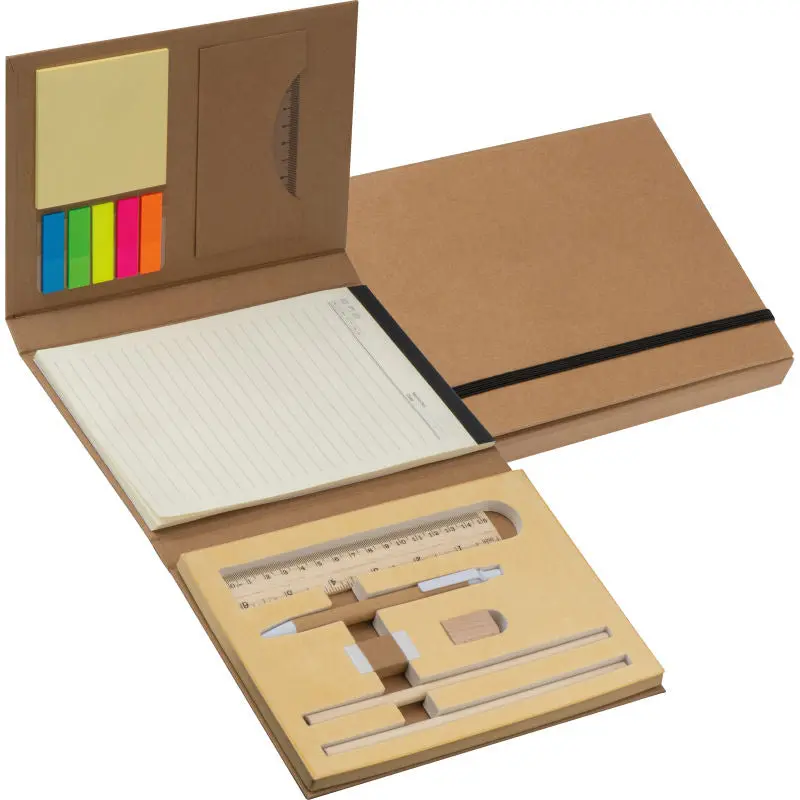 Schreibmappe Set mit Lineal, Notizblock & Haftmarkern - Elegantes Braun