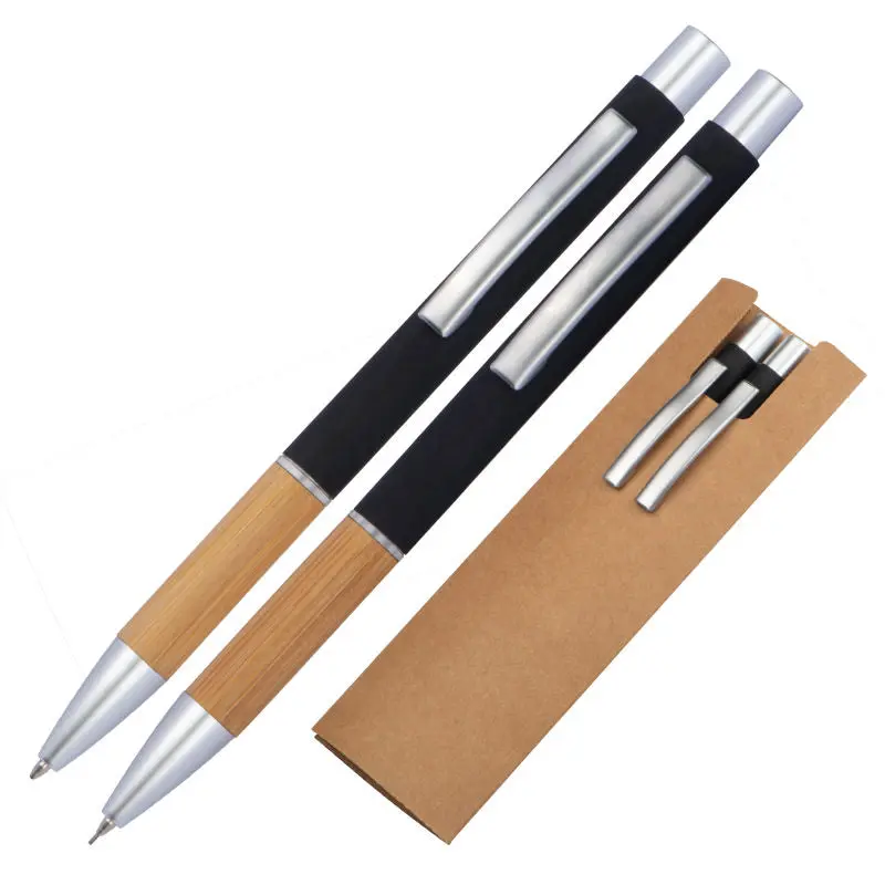 Exklusives Schreibset mit Kugelschreiber und Bleistift – Bambus-Griffzone, Schwarz, ergonomisch