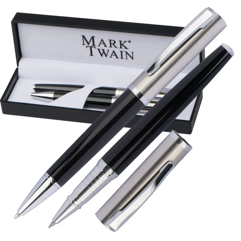 Mark Twain Schreibgeräte-Duo, Schwarz: Kugelschreiber & Rollerball – Eleganz & Präzision