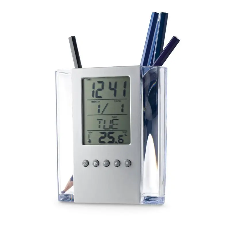 Satinsilberner EDEM Acryl-Stiftehalter mit Digitaluhr – Moderner Büroorganizer