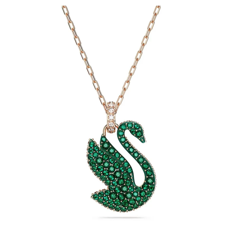 SWAROVSKI Damen Schwan Anhänger mit grünen Kristallen und Roségold-Kette SWAN 5650067
